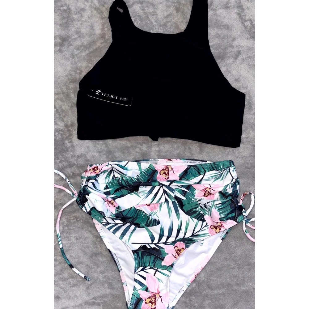 Tempt Me Aqua Eve Two Piece Bikini Set Womens‎ Small Black Green Tropical Print